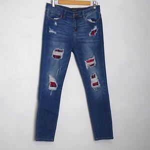 Judy Blue Buffalo Red Black Plaid Patch Jeans Size 11/30 JB8268DK LIKE New